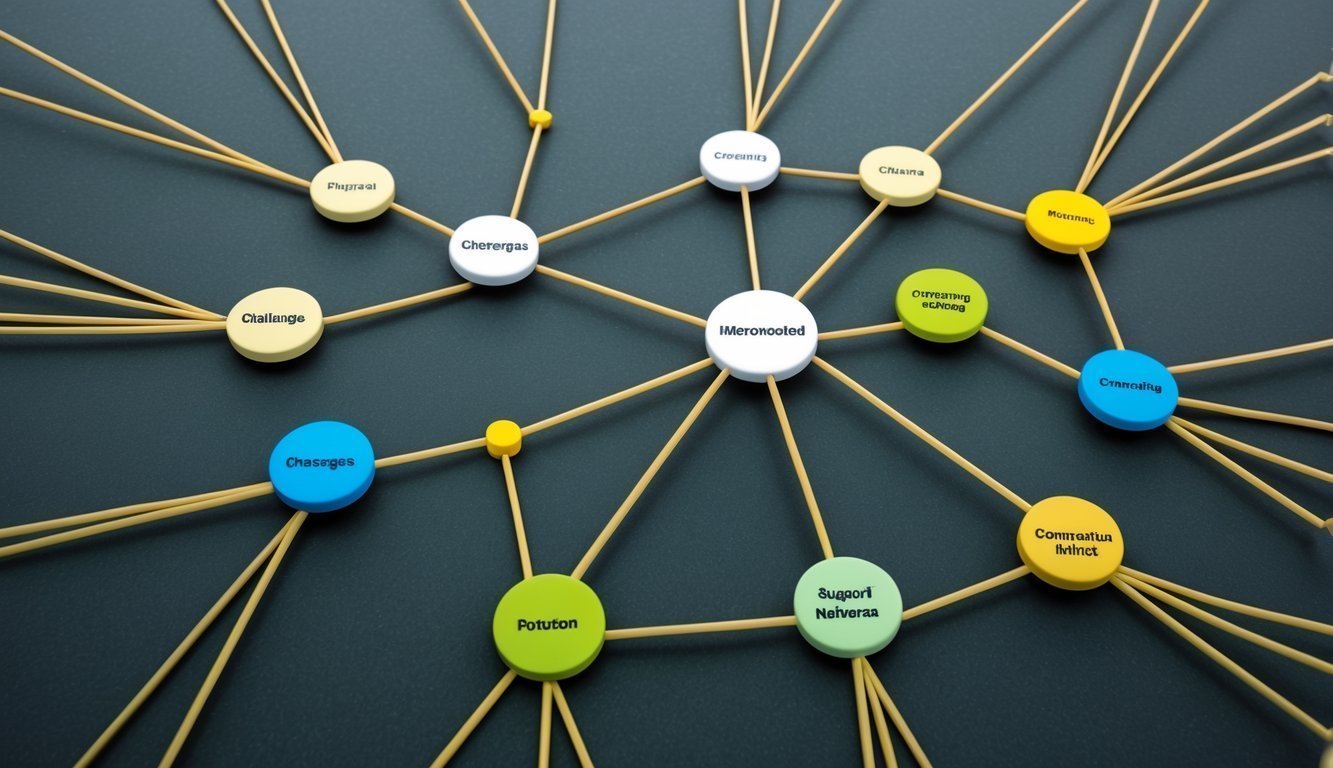 A group of interconnected nodes representing support networks, with various challenges and solutions depicted by different elements