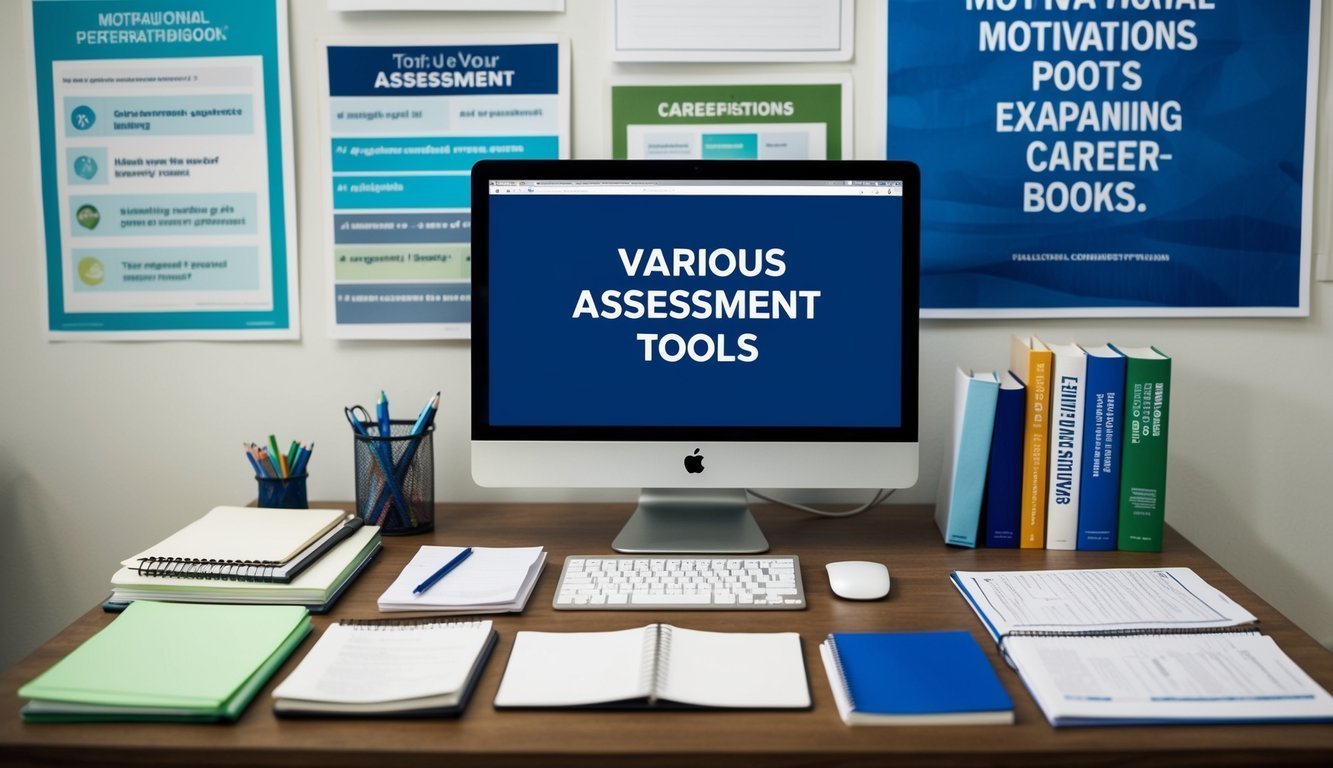 A desk with various self-assessment tools scattered around, including surveys, questionnaires, and charts.</p><p>A person sits in front, deep in thought.