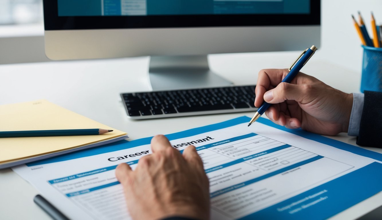 A desk with a computer, pencil, and paper.</p><p>A person's hand holding a pen fills out a career assessment tool.