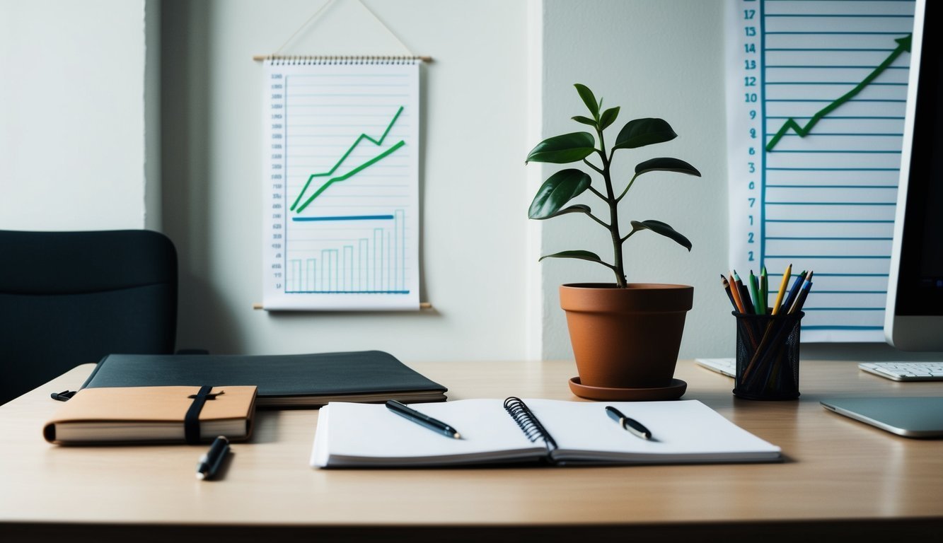 A desk with a notebook, pen, and computer.</p><p>A growth chart on the wall.</p><p>A plant symbolizing growth and progress.