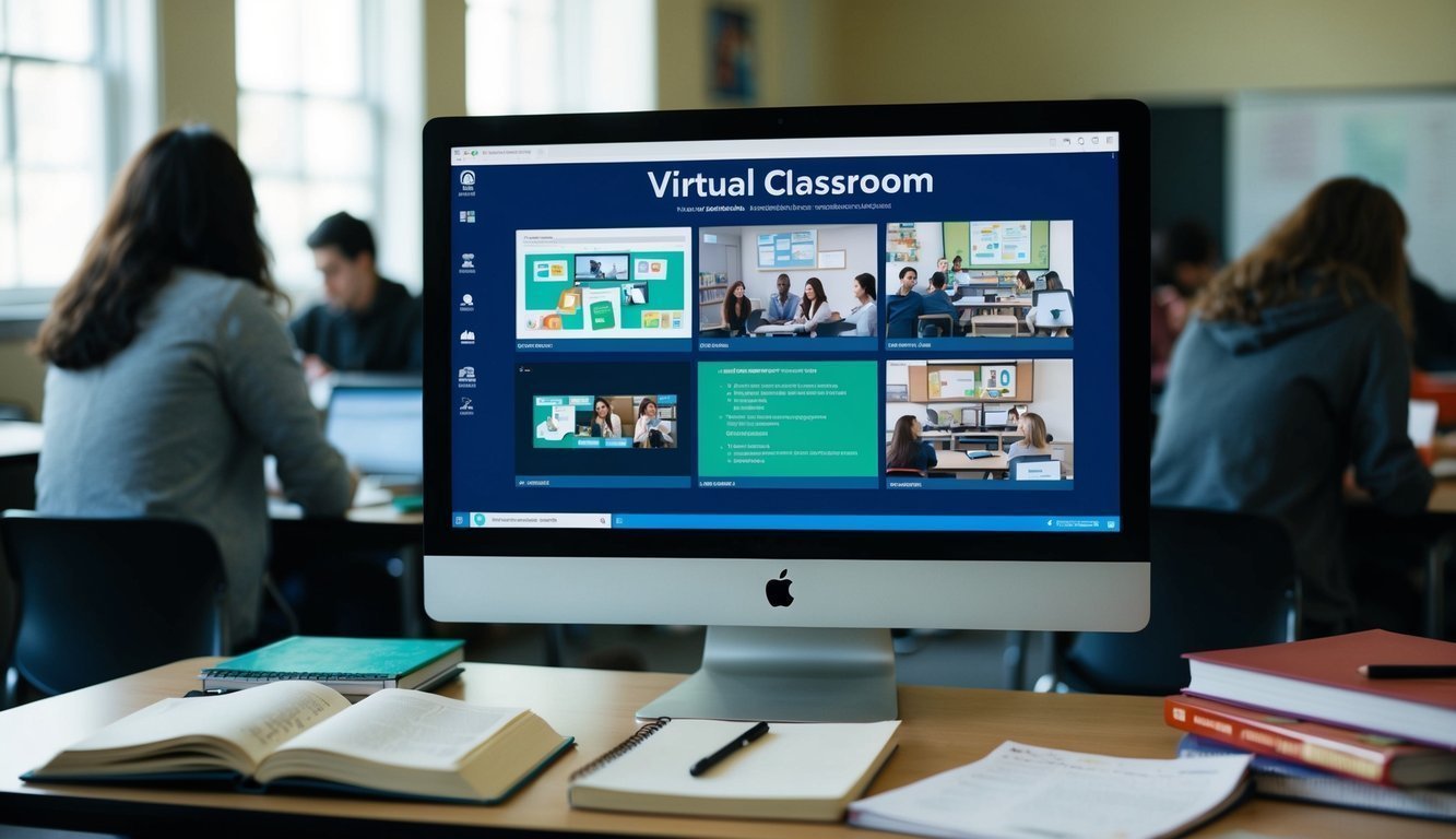 A computer screen showcasing a virtual classroom with interactive modules, videos, and quizzes.</p><p>A study desk with books and notes is visible.