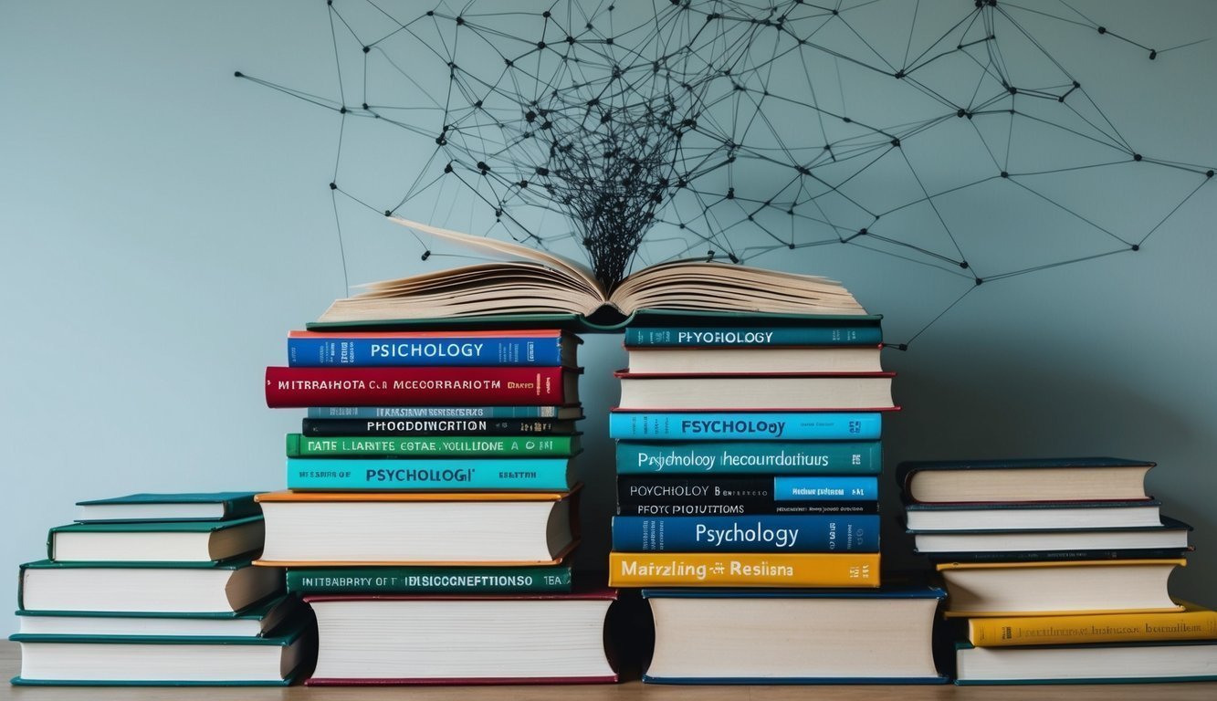 A stack of books on psychology with a tangled web of misconceptions emerging from them