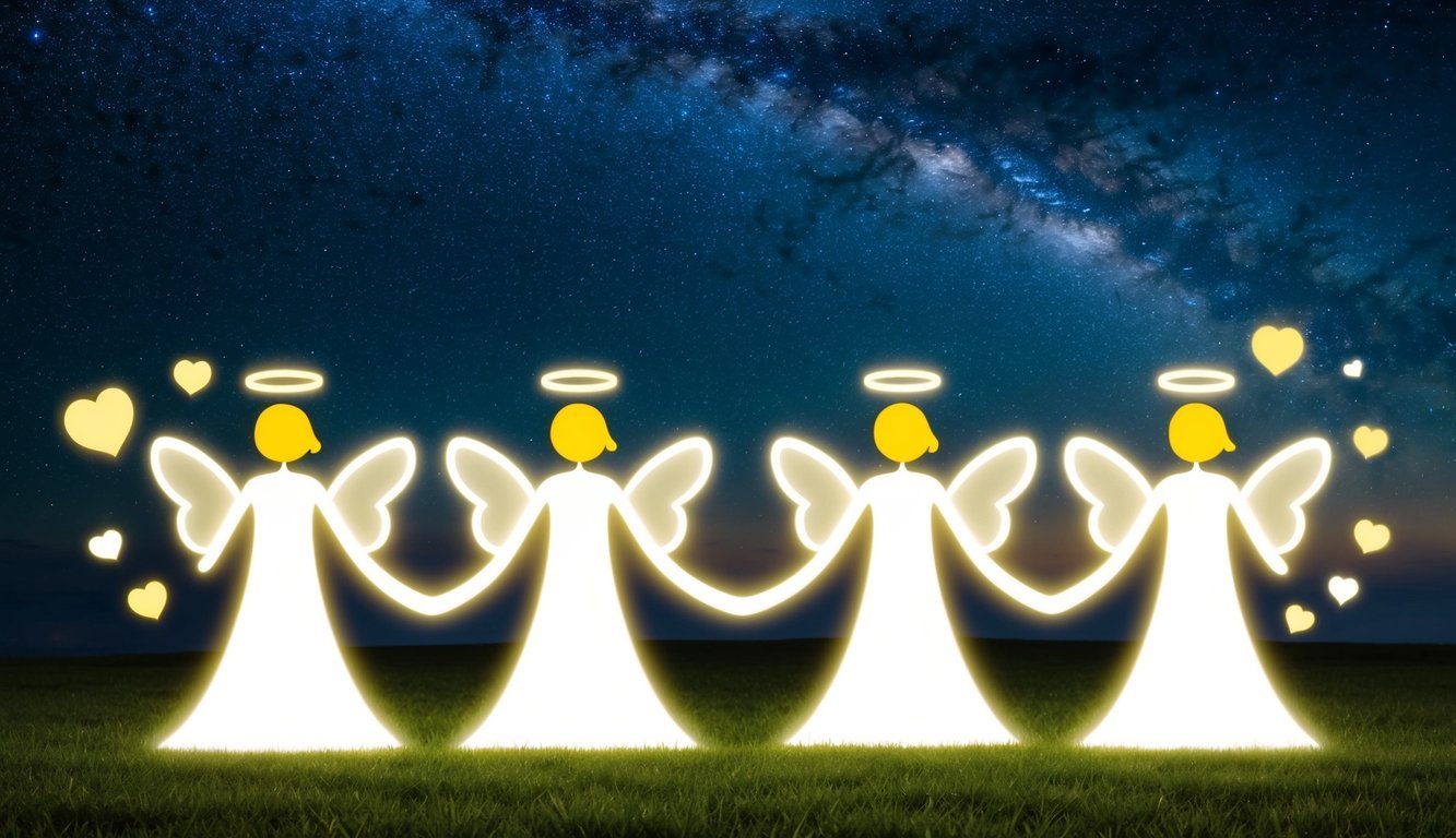 A serene, starry night with four glowing, intertwined angelic figures surrounded by hearts and symbols of love