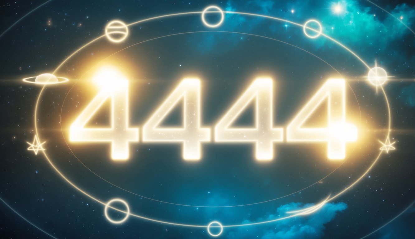 A glowing, ethereal number "4444" surrounded by celestial symbols and a sense of mystery