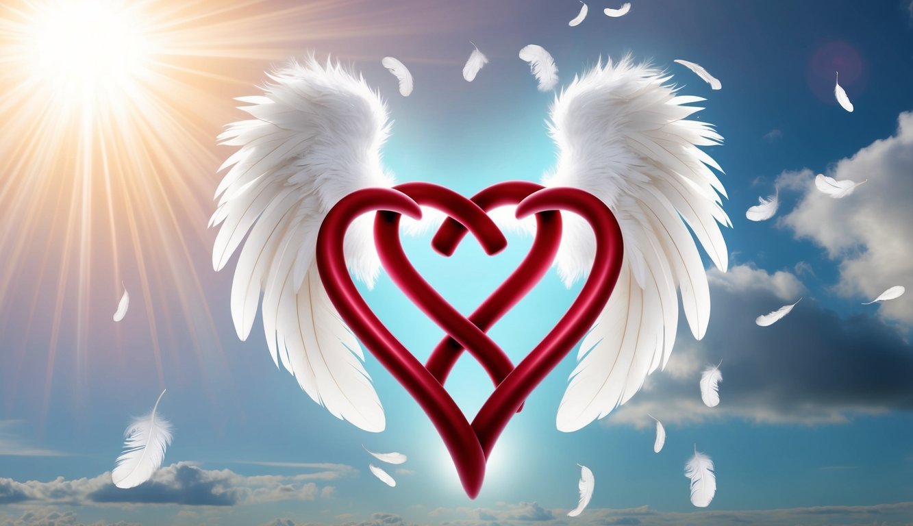 Two intertwined hearts surrounded by angelic feathers and radiant light