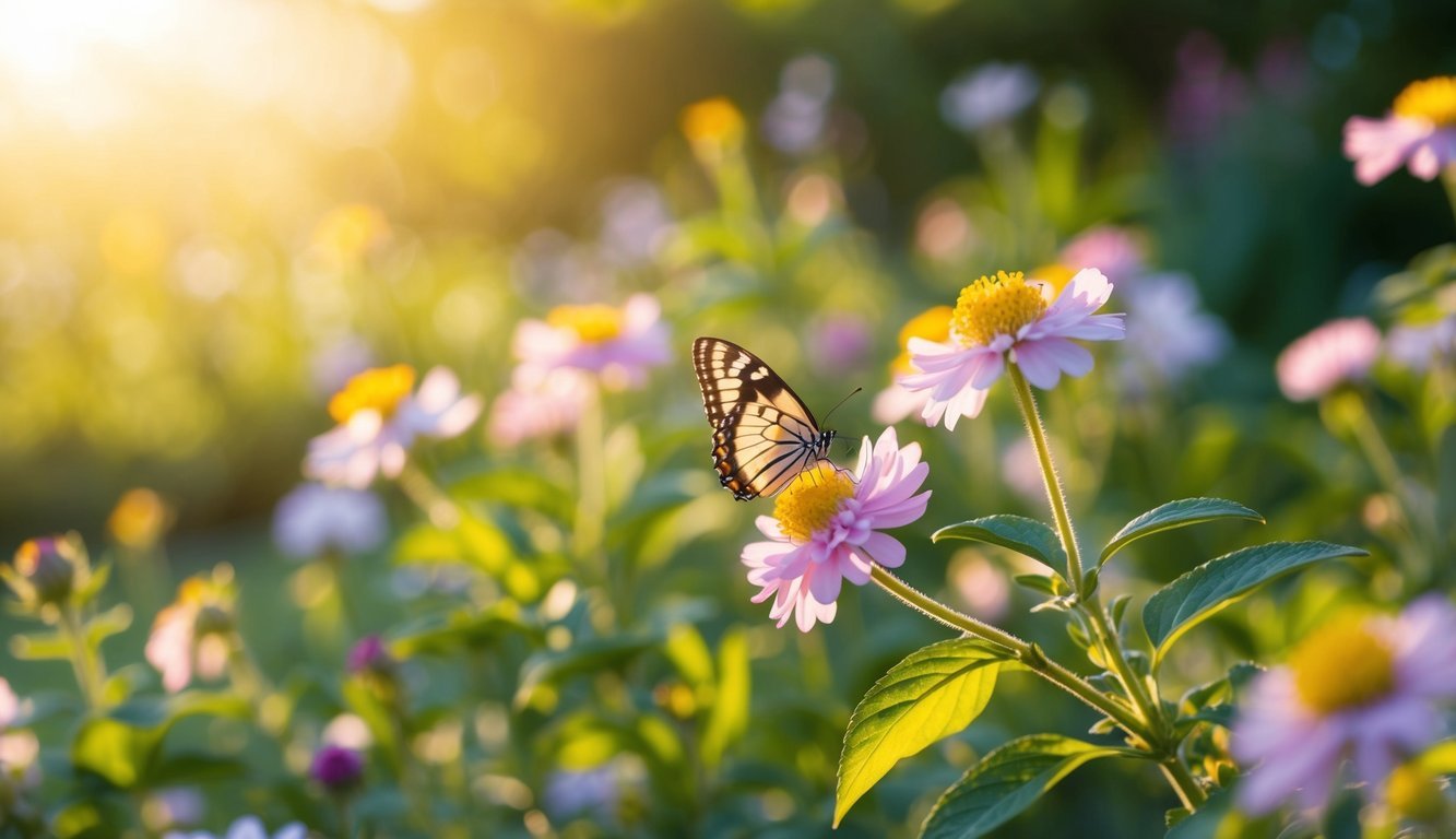 A serene garden with blooming flowers and a butterfly resting on a leaf, bathed in golden sunlight