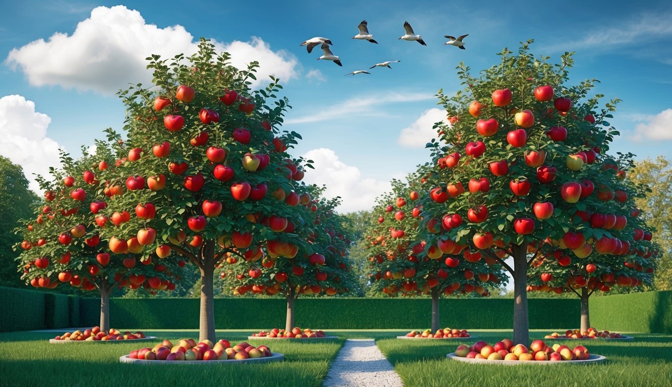 A serene garden with four identical trees, each bearing 44 vibrant red apples, under a sky with 4 fluffy clouds and 4 birds flying in formation