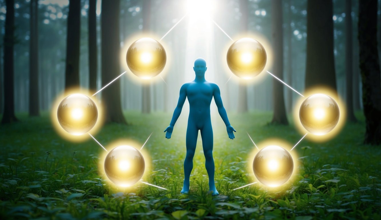 A figure stands in a serene forest, surrounded by four glowing orbs and a beam of light, symbolizing spiritual insight and awakening