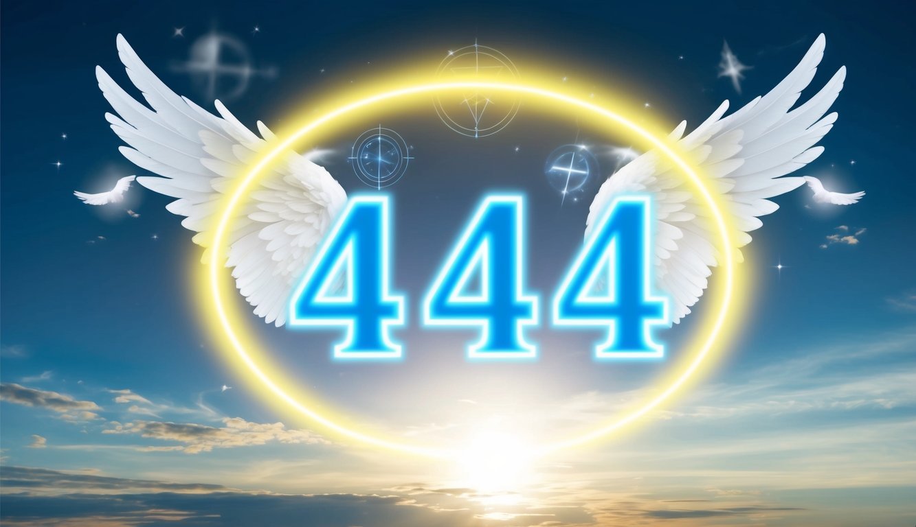 A glowing halo of light surrounds the number 444, with angelic wings and celestial symbols in the background