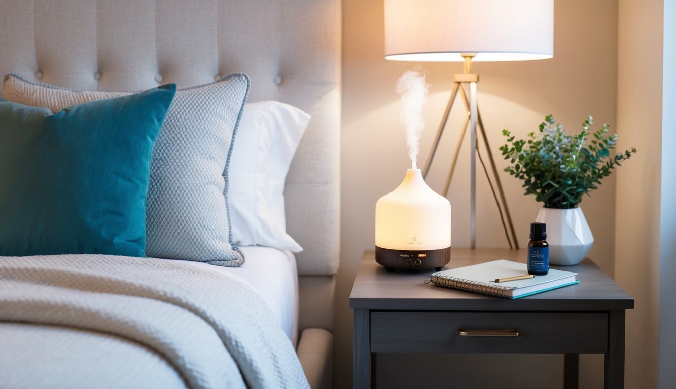 A serene bedroom with soft lighting, a cozy bed, a soothing essential oil diffuser, and a calming bedtime routine journal on the nightstand