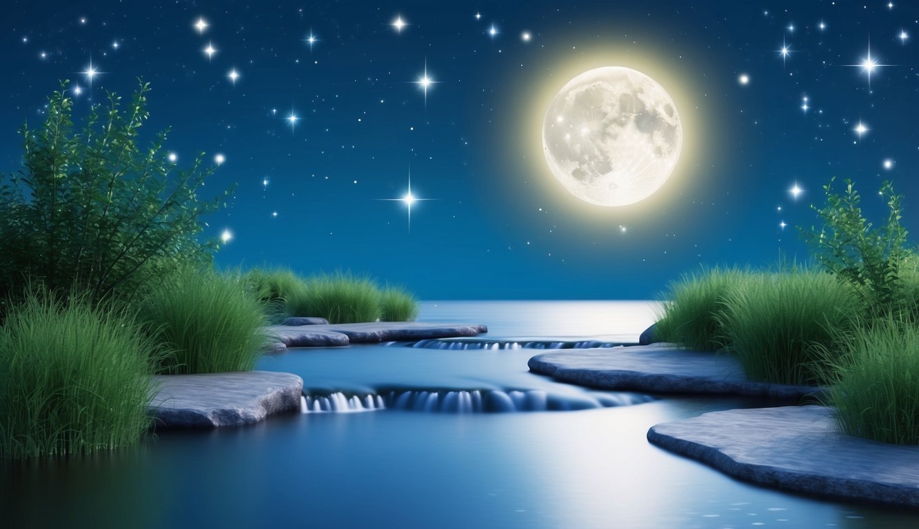 A serene night sky with a glowing moon and twinkling stars, surrounded by calm nature elements like flowing water and gentle breezes