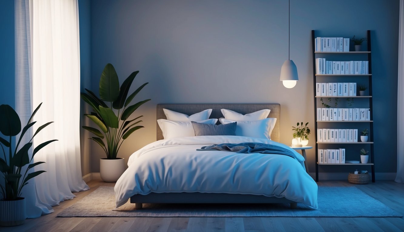 A serene bedroom with soft, dim lighting and a cozy bed surrounded by calming elements such as plants, a soothing color palette, and a bookshelf filled with sleep mantras and affirmations