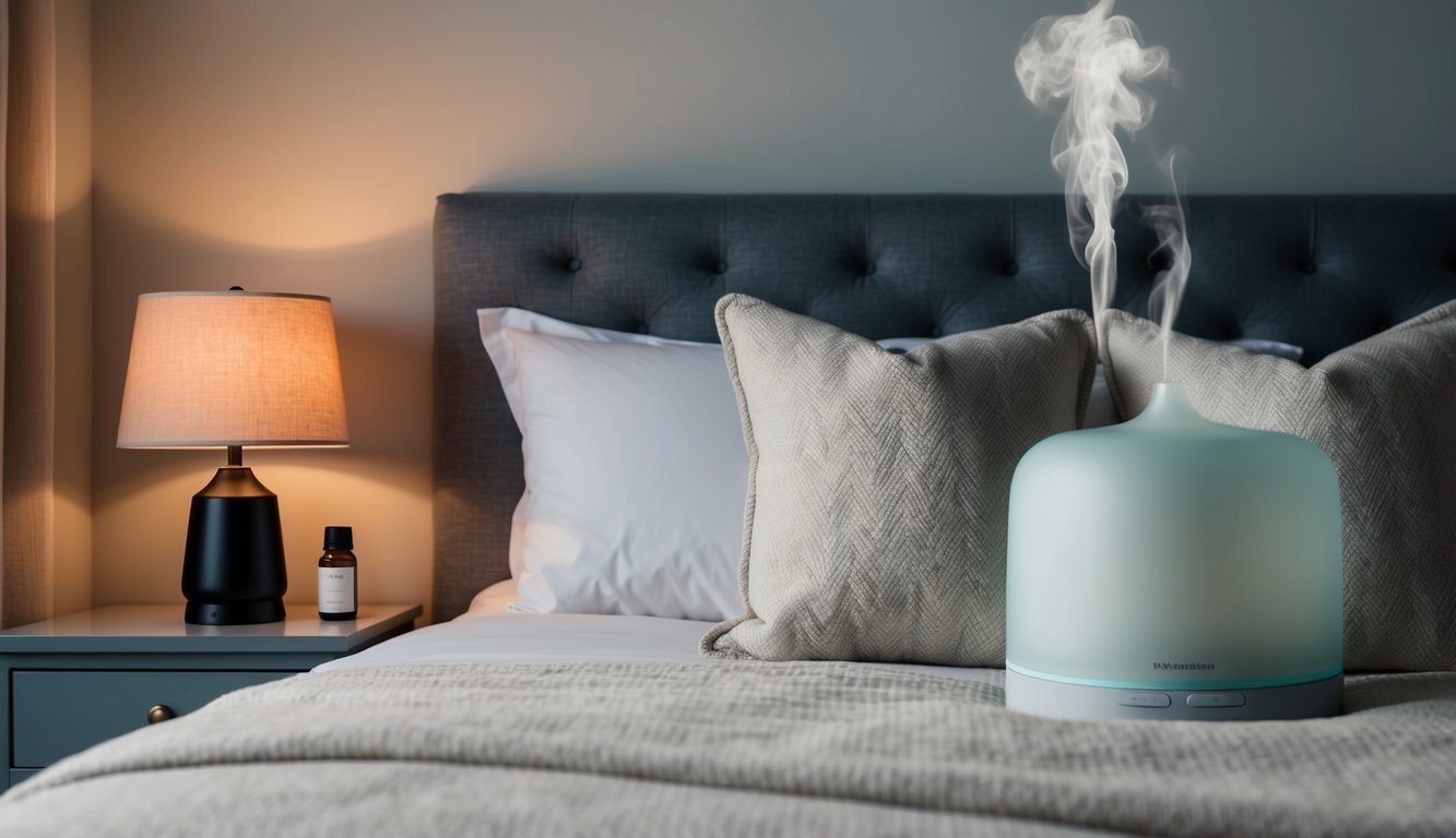 A serene bedroom with a dimly lit lamp, a cozy bed with soft pillows, and a soothing aroma diffuser
