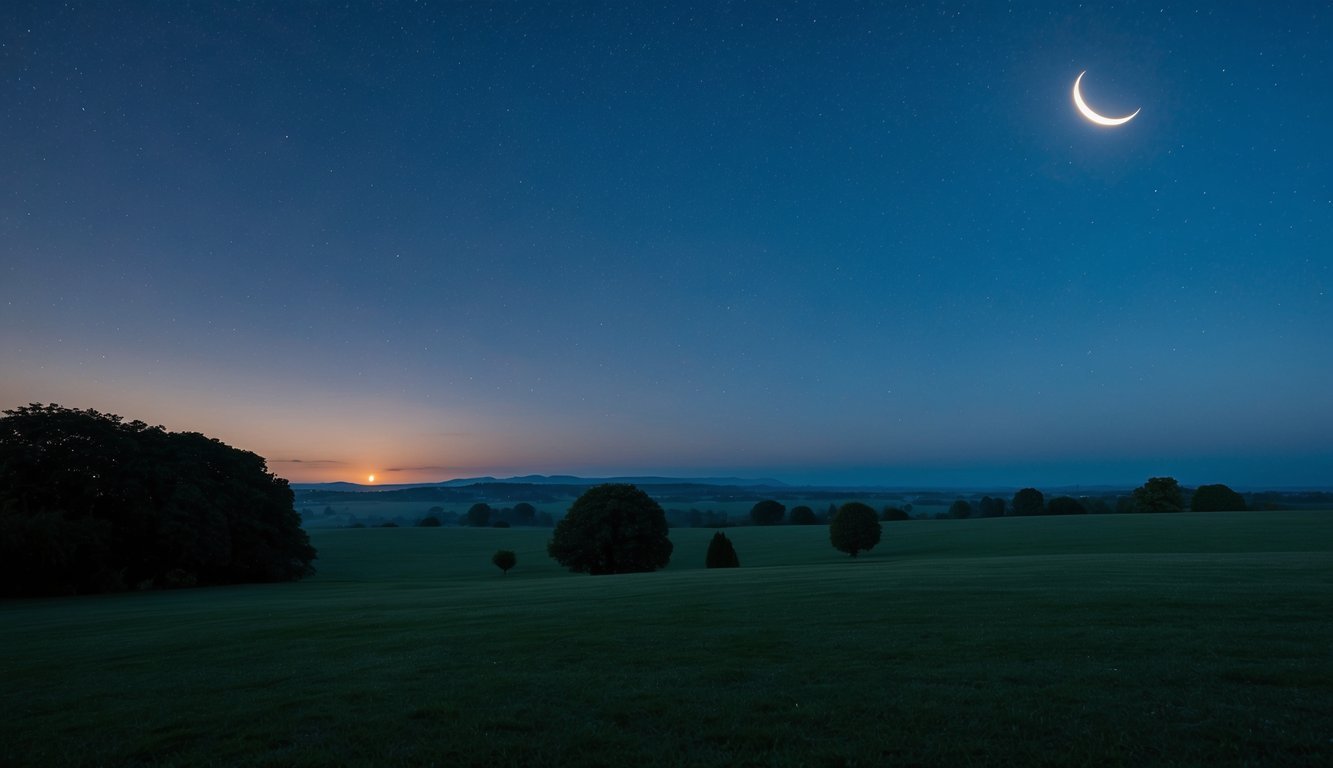 A serene night sky with a crescent moon, stars, and a peaceful landscape