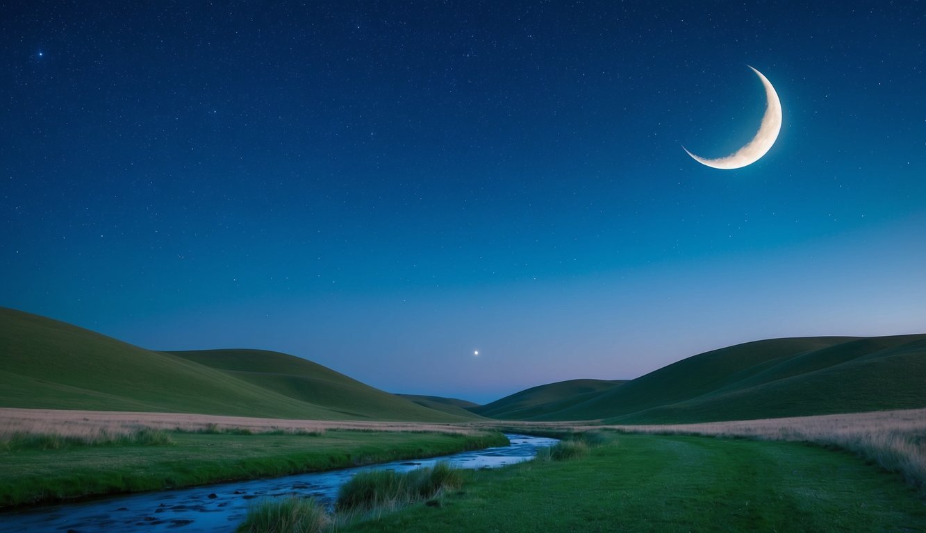 A serene night sky with stars and a crescent moon above a tranquil landscape of rolling hills and a peaceful stream