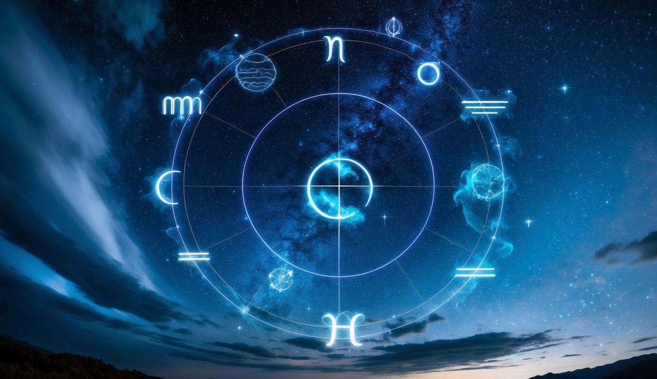 A night sky filled with celestial bodies and zodiac symbols, surrounded by ethereal and mystical energy