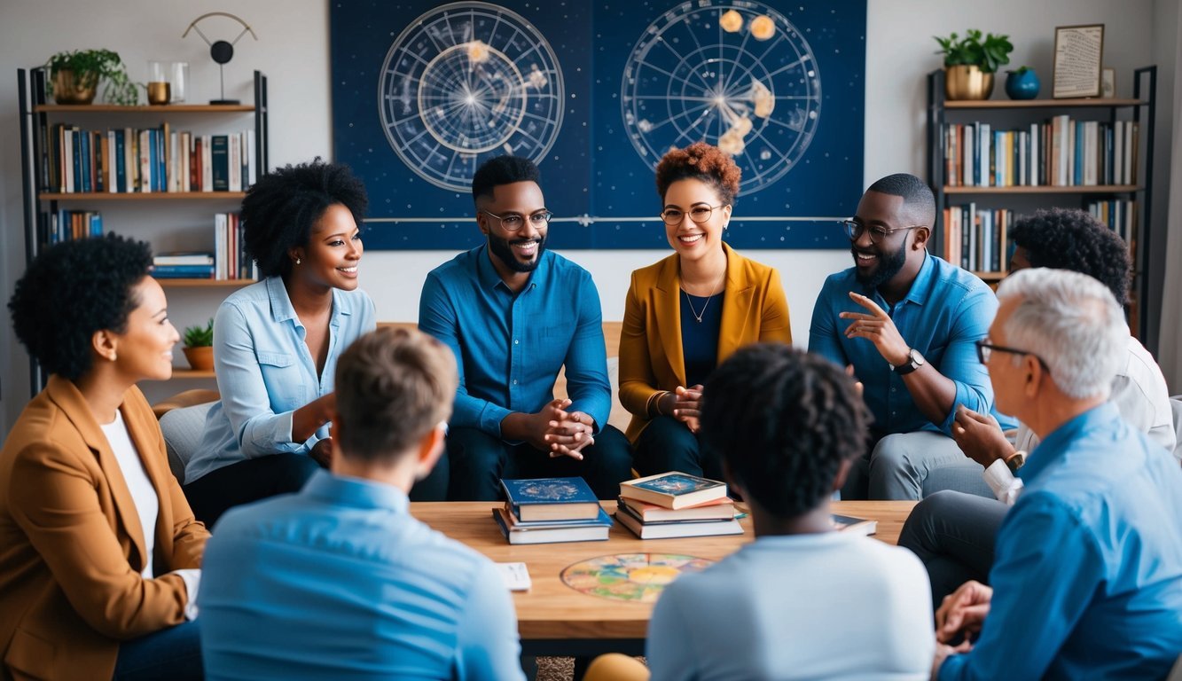 A group of diverse individuals engage in a lively discussion about modern astrology, surrounded by books, charts, and celestial imagery
