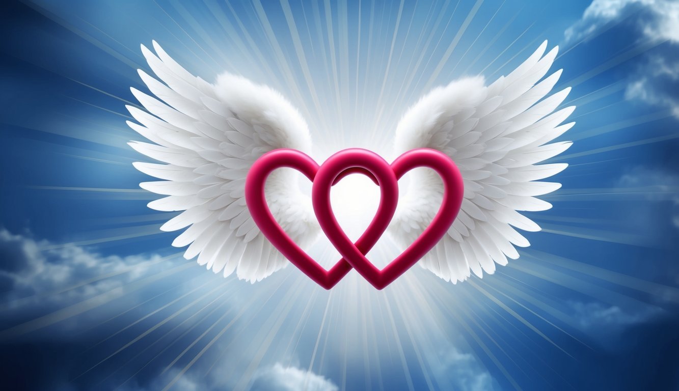 Two intertwined hearts surrounded by angelic wings, radiating a sense of love and trust