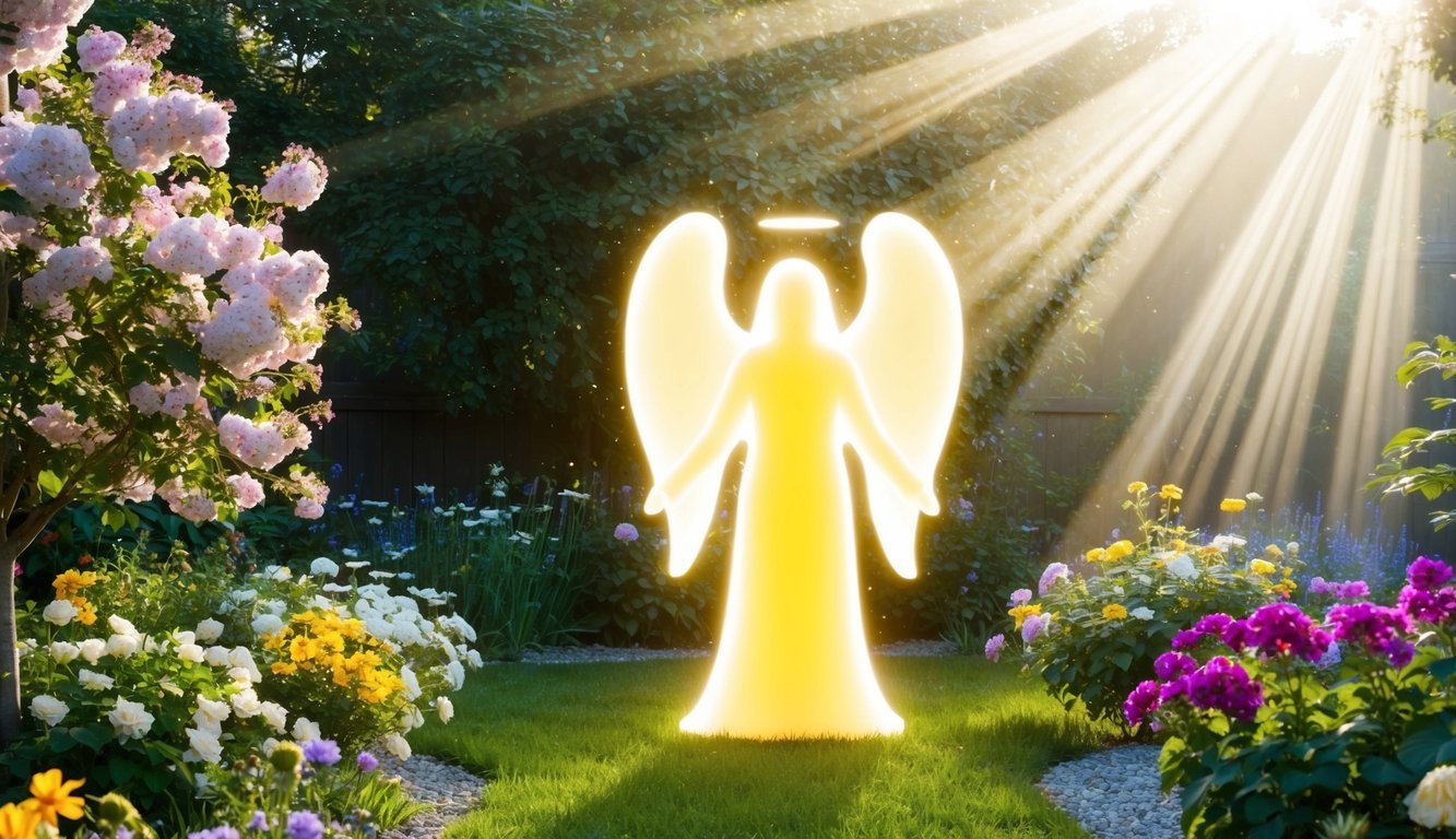 A serene garden with blooming flowers and a glowing angelic figure surrounded by beams of light