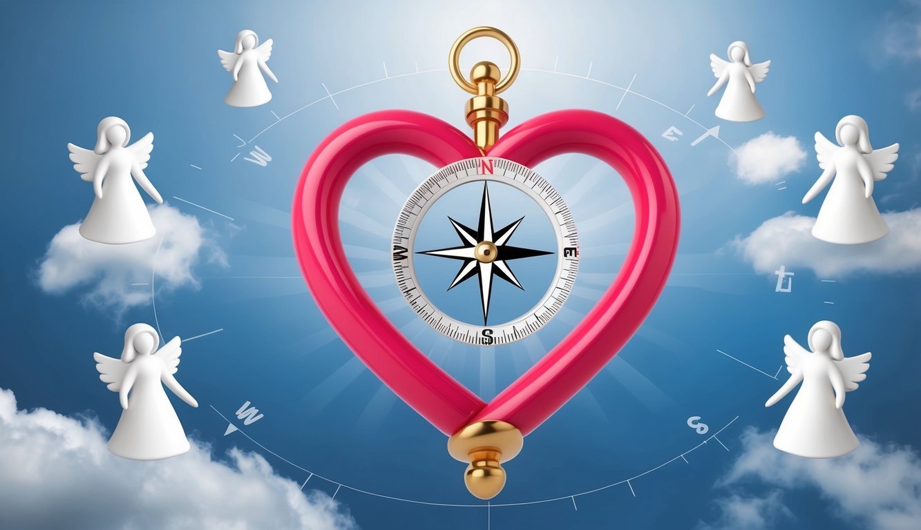 A heart intertwined with a compass, surrounded by angelic figures and symbols of trust and love