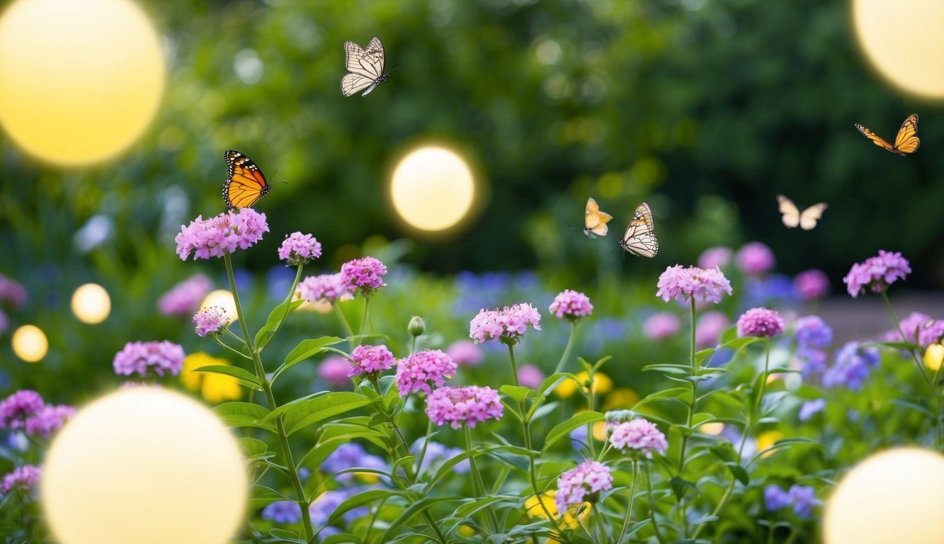 A serene garden with blooming flowers and butterflies, surrounded by glowing orbs of light