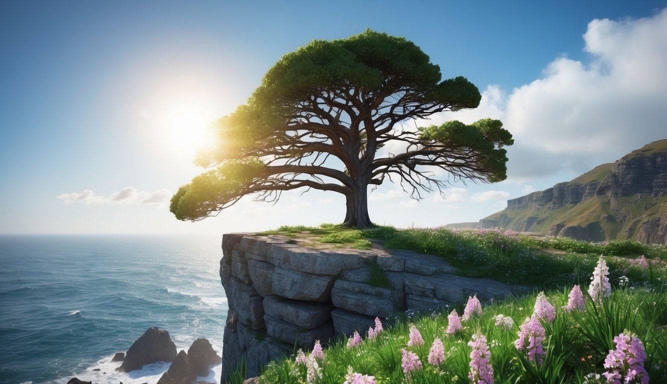 A lone tree stands tall on a rocky cliff, battered by fierce winds but still thriving, surrounded by blooming flowers and a shining sun
