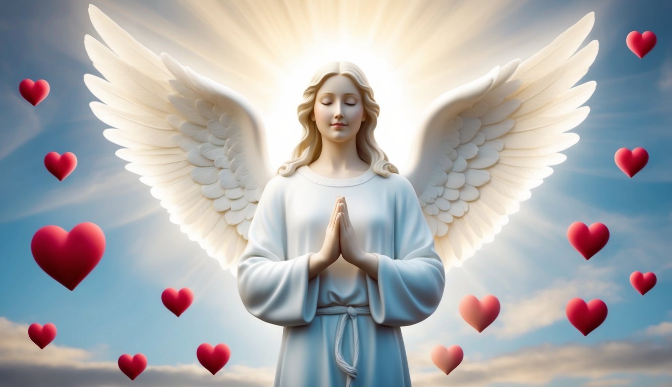 A serene angelic figure surrounded by hearts and symbols of trust, radiating a sense of love and guidance