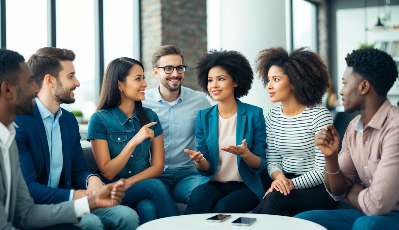 A group of diverse individuals in a social setting, some confidently engaging in conversation and flirting, while others appear hesitant and unsure