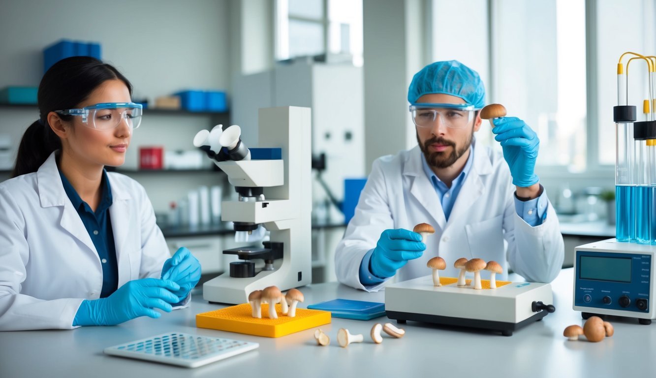 A lab setting with scientific equipment and psilocybin mushrooms, researchers observing effects on brain models