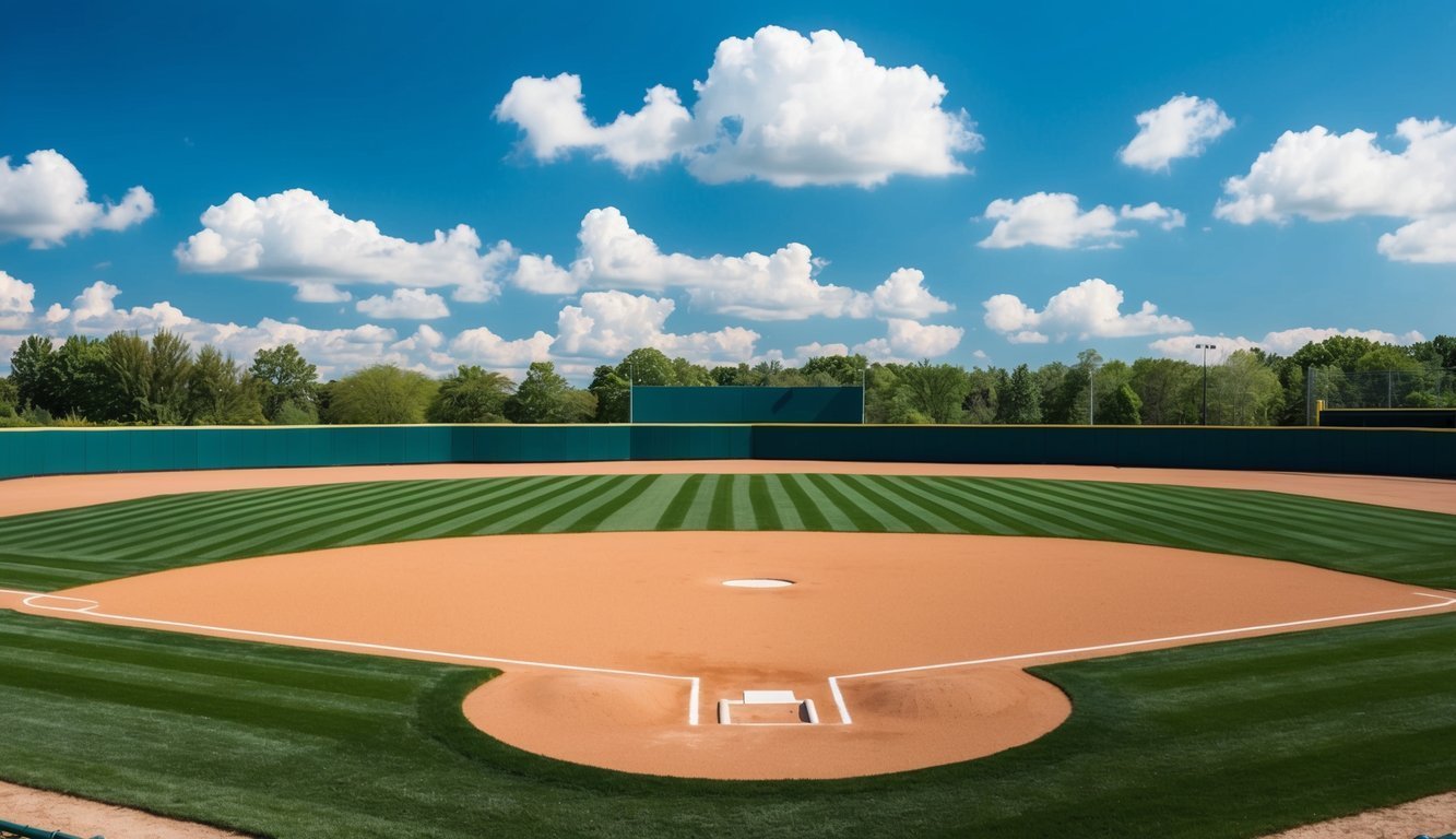 A baseball diamond with bases, outfield grass, and a pitcher's mound under a bright blue sky with fluffy white clouds