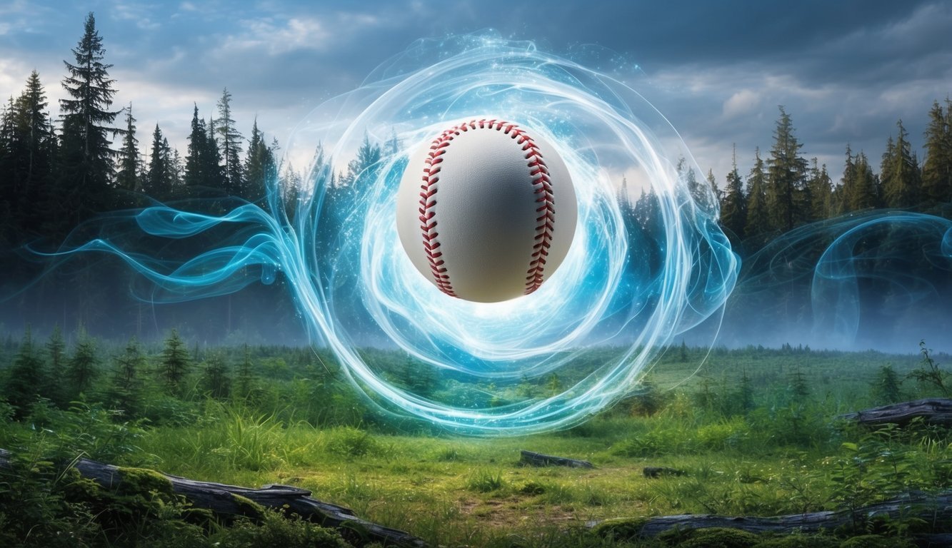 A magical baseball floating above a mystical forest clearing, surrounded by swirling wisps of energy