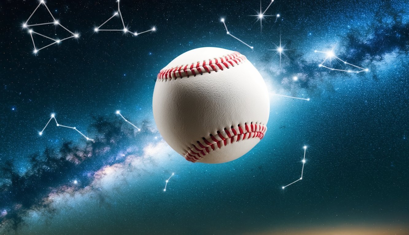 A baseball soaring through a starry night sky, surrounded by twinkling constellations and the glow of distant galaxies