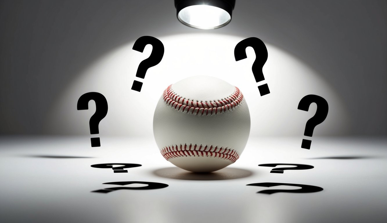 A baseball surrounded by question marks, with a spotlight shining on it