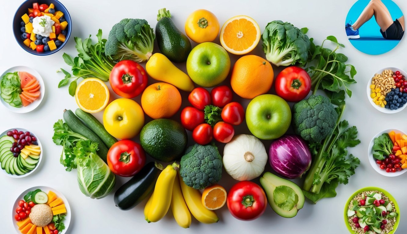 A colorful array of fresh fruits and vegetables arranged in a balanced and appealing manner, surrounded by images of healthy meals and fitness activities
