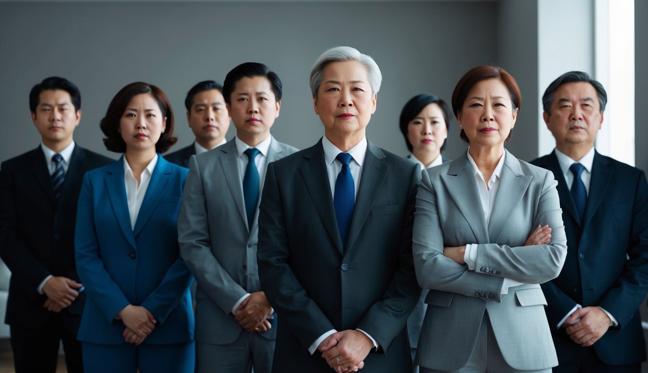 A group of stern-looking individuals standing in a room, with serious expressions and no signs of laughter