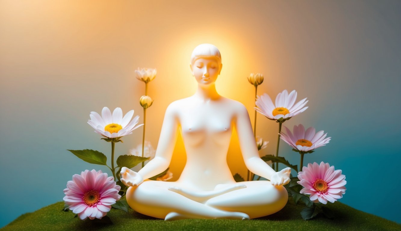 A serene, glowing figure surrounded by blooming flowers and a warm, nurturing light