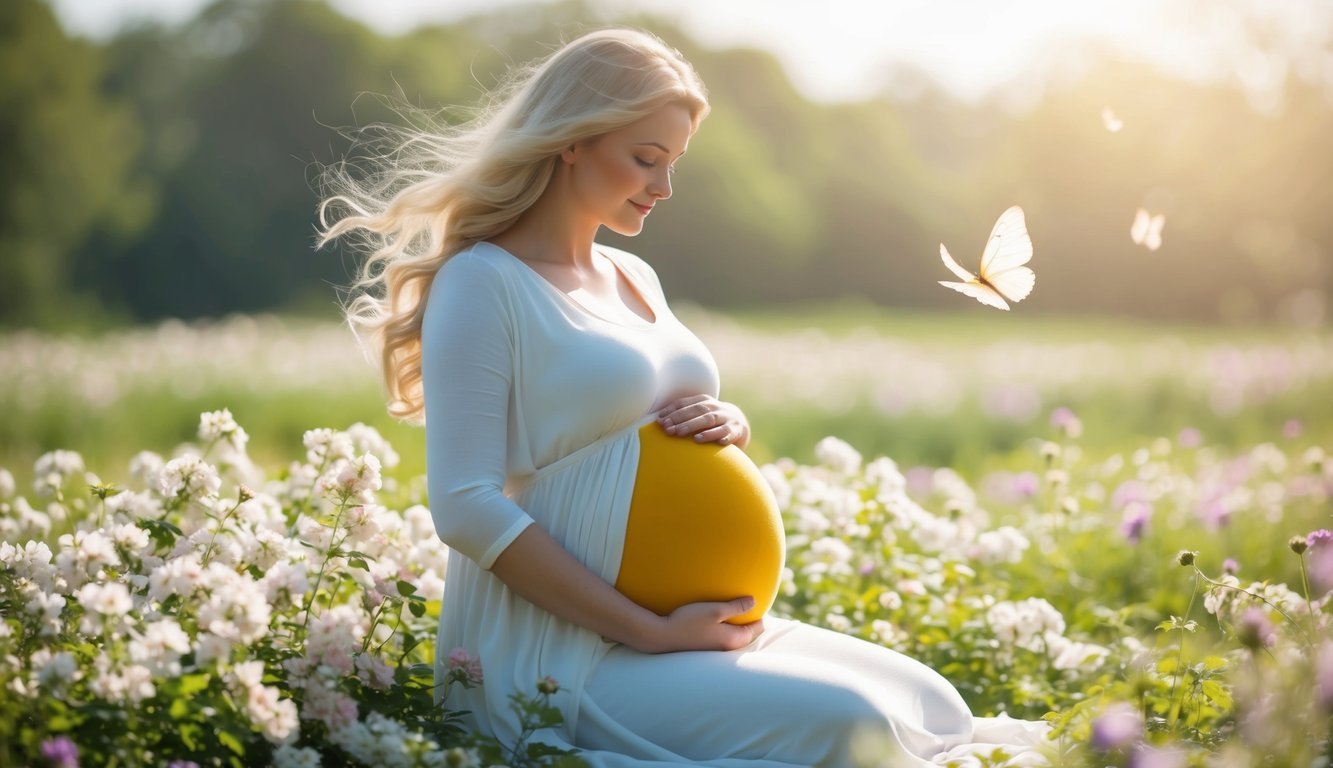 A serene, glowing figure surrounded by blooming flowers and a gentle breeze, cradling a round belly with a sense of anticipation and wonder