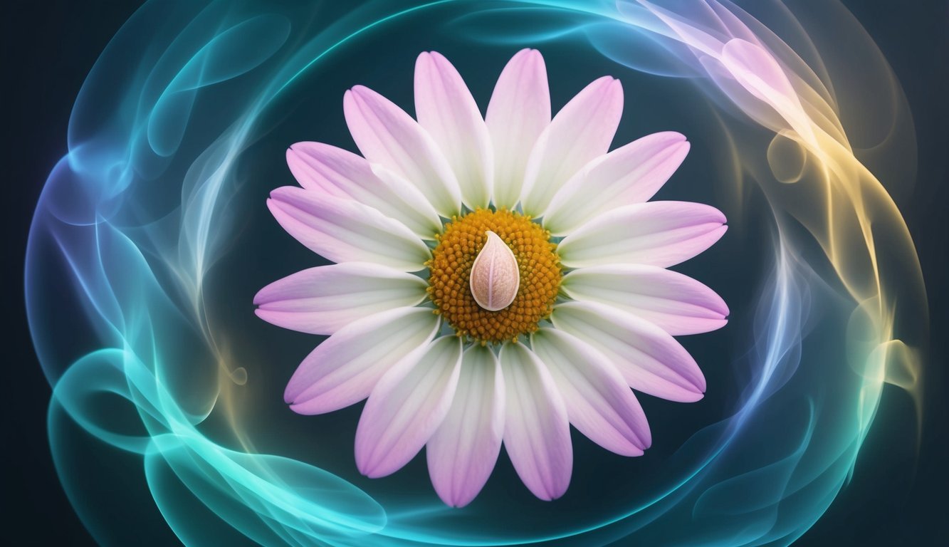 A blooming flower with a seed at its center, surrounded by swirling, ethereal shapes and colors representing the mysterious and symbolic nature of dreams of pregnancy