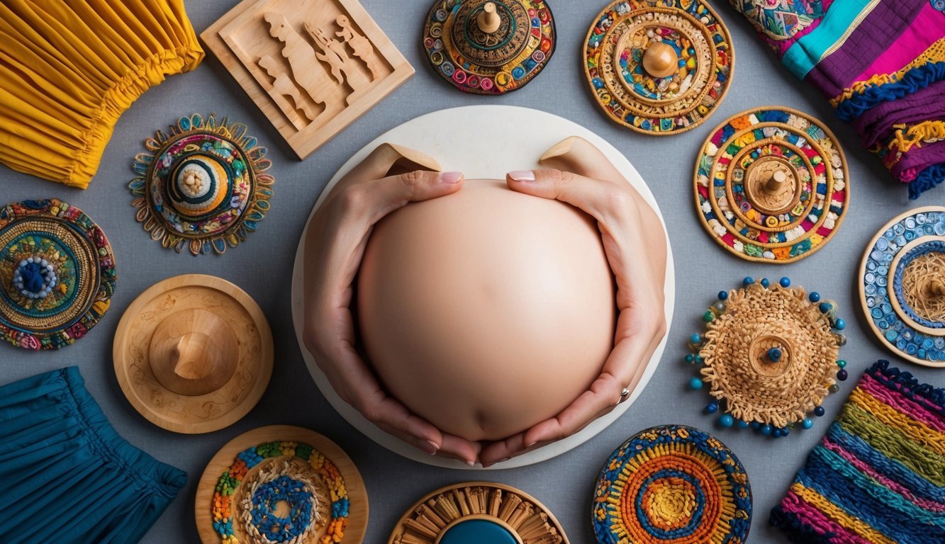 A serene, pregnant belly surrounded by symbols of cultural and social influences, such as traditional clothing, art, and diverse family structures