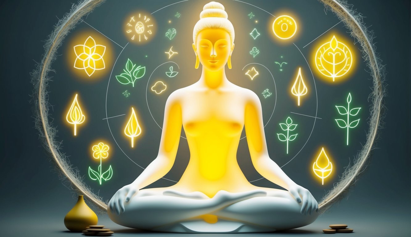 A serene, glowing figure surrounded by symbols of fertility and growth, with a sense of anticipation and potential