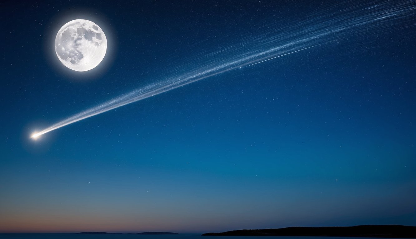 A serene night sky with a bright, full moon and a shooting star streaking across the horizon, symbolizing the wonder and mystery of dreams about pregnancy