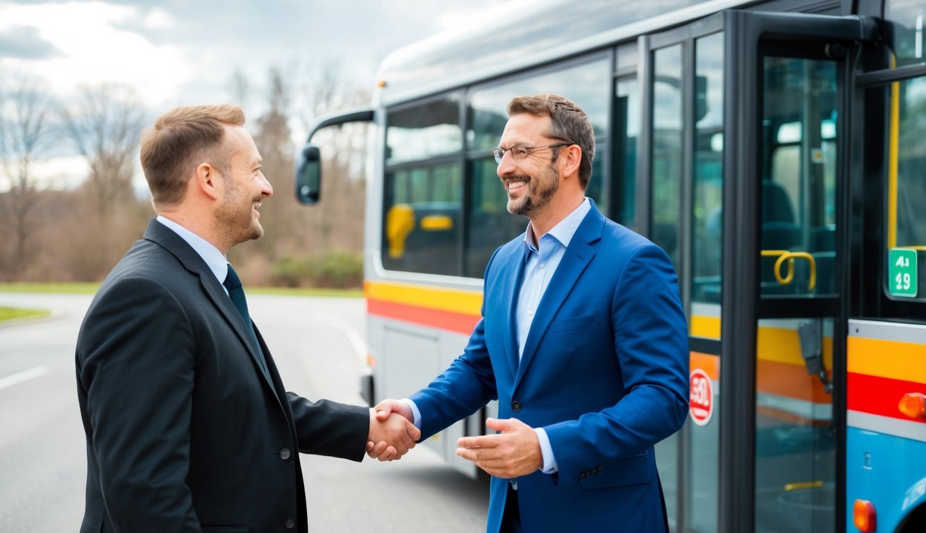 A smiling figure approaching a bus driver, exchanging a friendly greeting