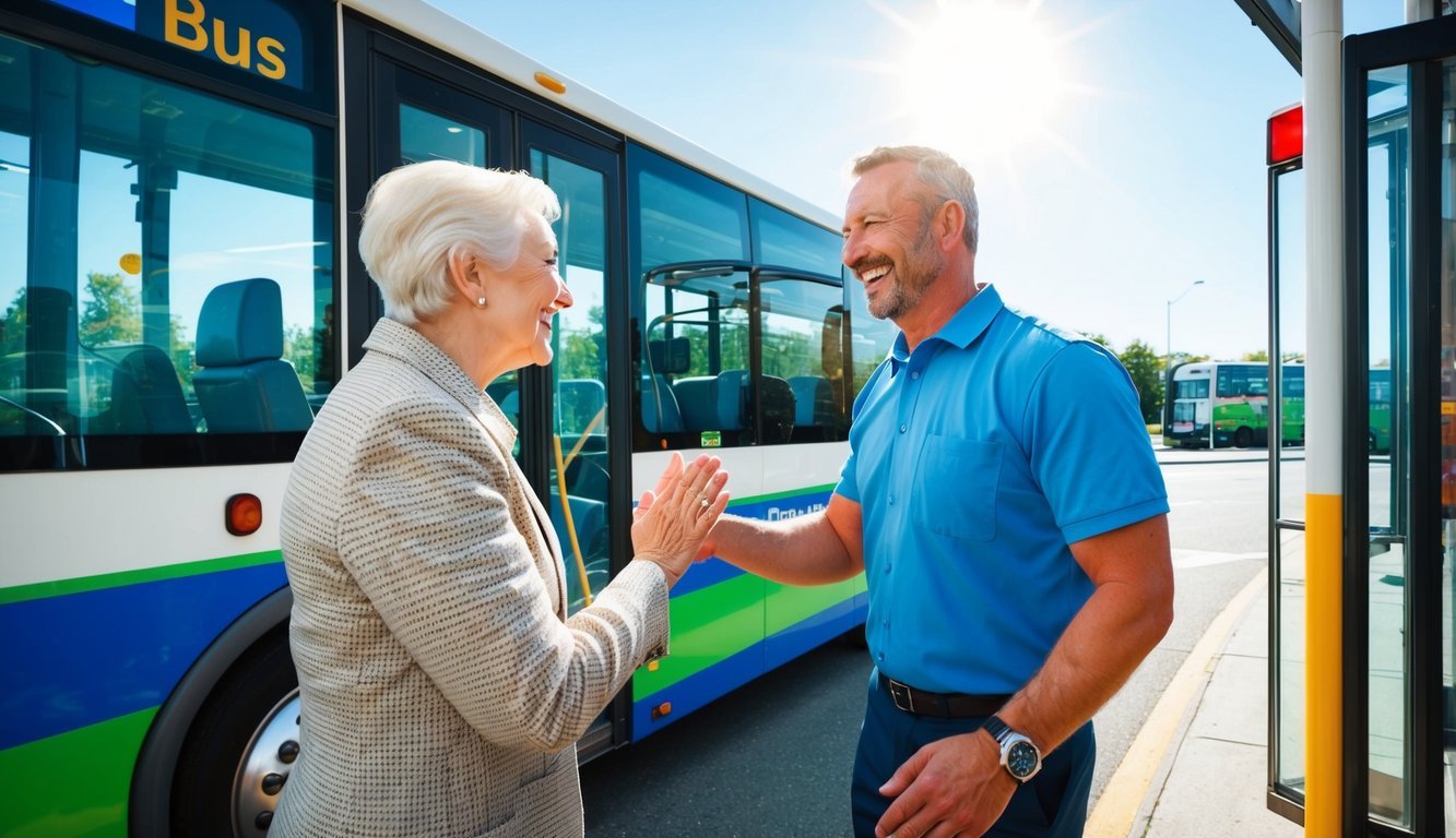 A smiling figure approaching a bus driver, who is also smiling, as they exchange greetings.</p><p>The sun is shining, and the bus is waiting at a stop