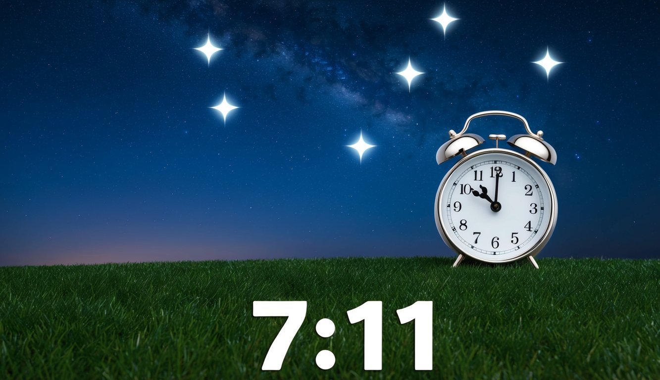 A serene night sky with seven stars and an illuminated clock showing the time as 7:11