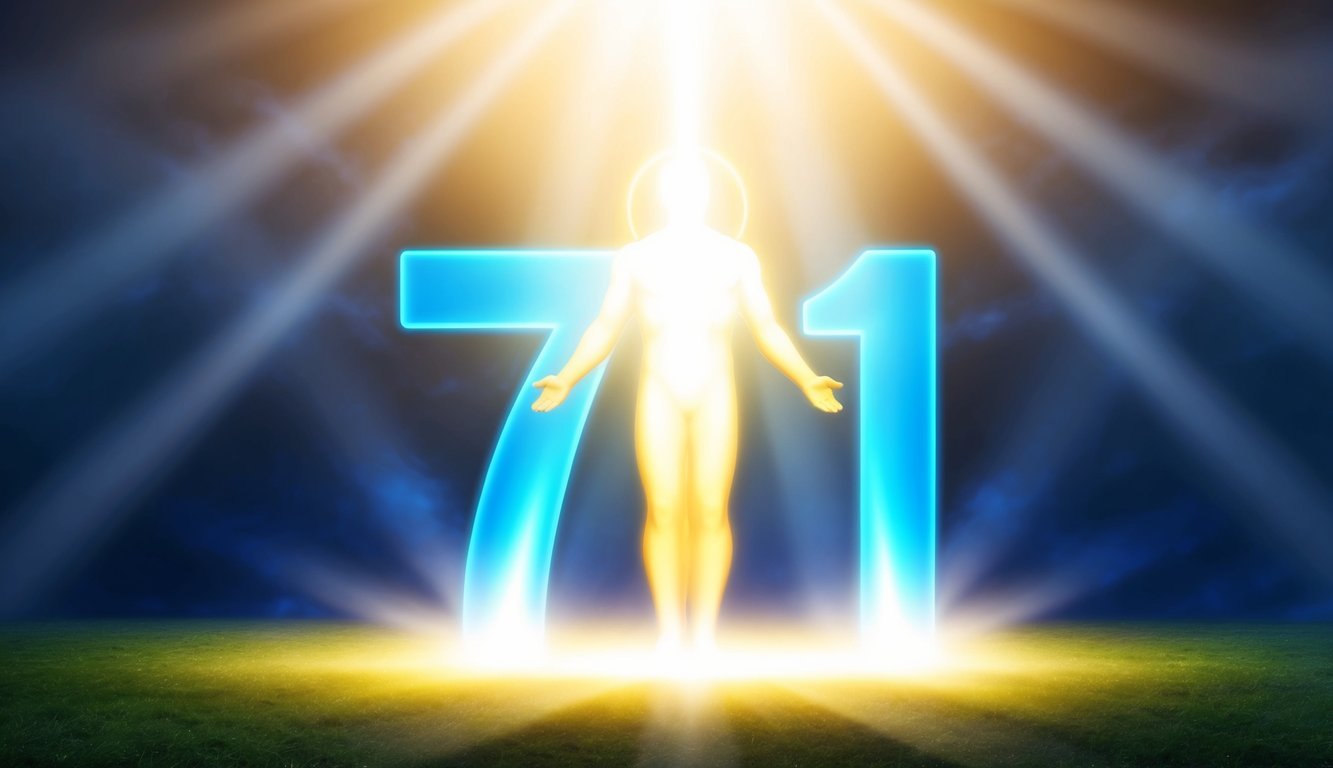 A bright, celestial figure stands before a glowing number 711, surrounded by beams of light and a sense of divine presence