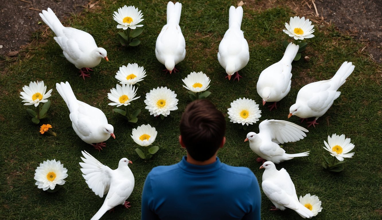 A person surrounded by seven white doves and eleven blooming flowers
