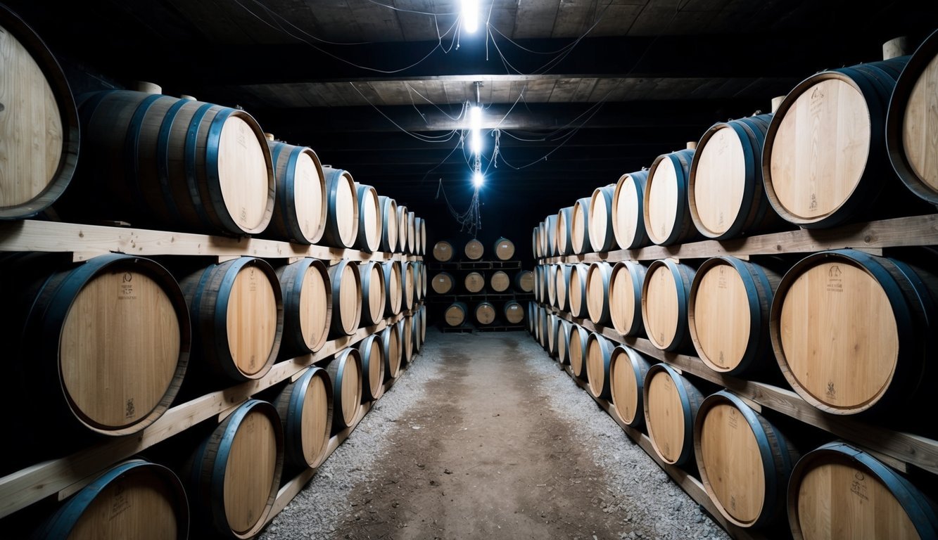 A dimly lit cellar with rows of wooden wine barrels stacked on each other, some covered in dust, while others have cobwebs hanging from the ceiling