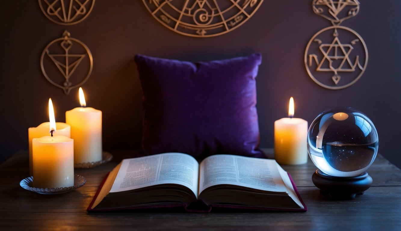 A serene, candlelit room with mystical symbols adorning the walls, a crystal ball on a velvet cushion, and an open book of ancient wisdom on a wooden table