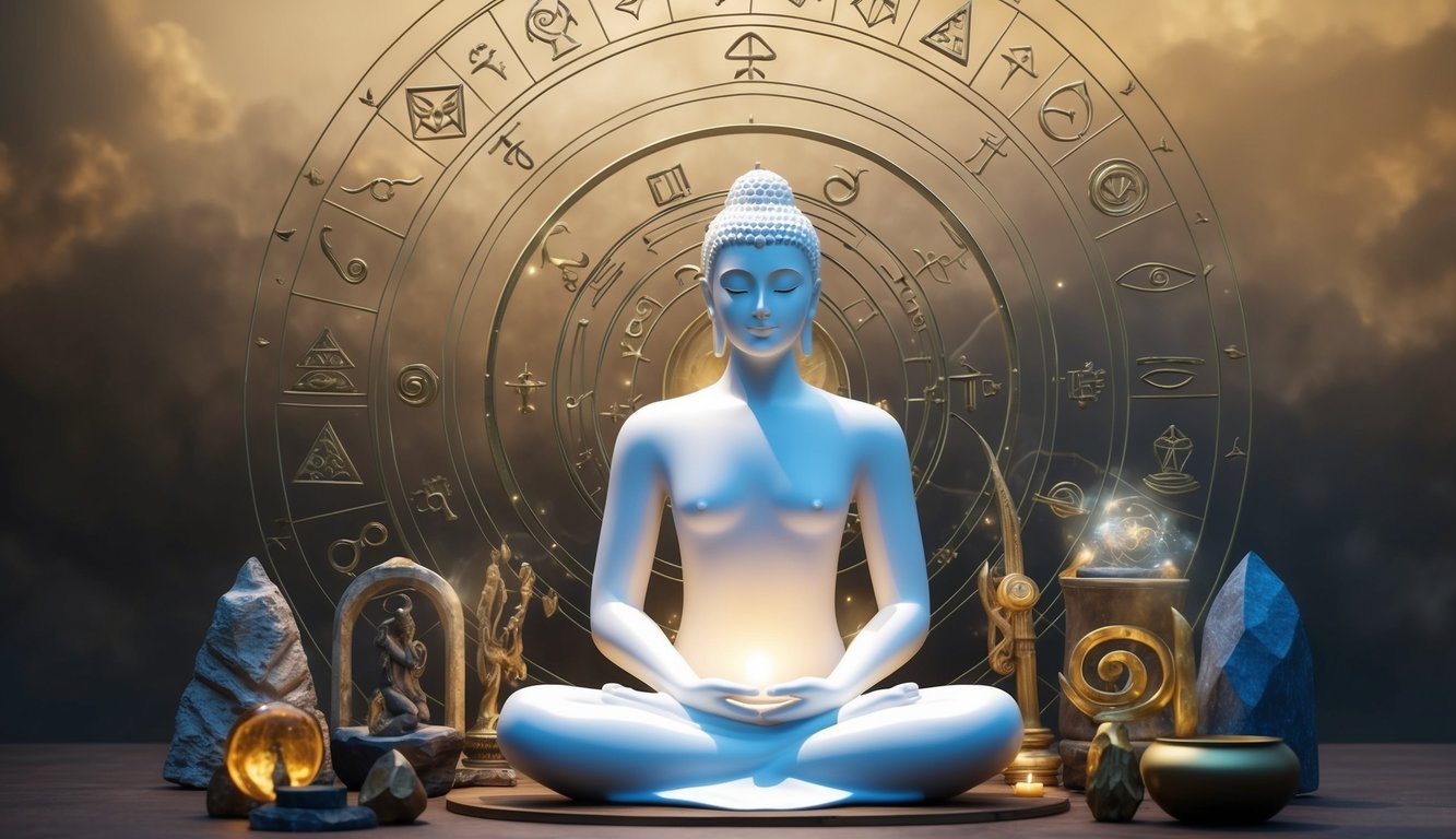 A serene figure surrounded by ancient symbols and mystical objects, with a soft glow emanating from within