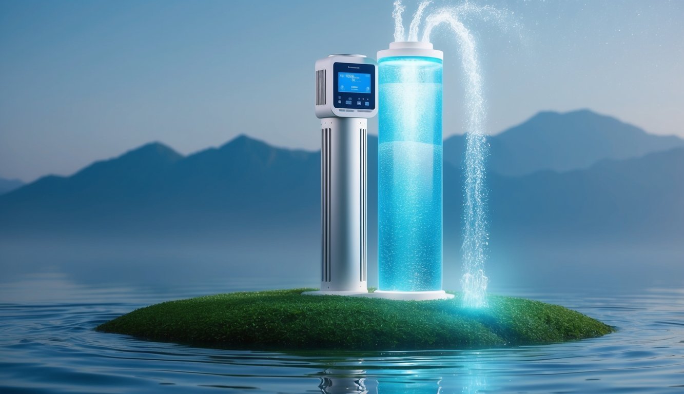 A futuristic water purification device towers over traditional methods, emitting a powerful, glowing energy that purifies water instantly